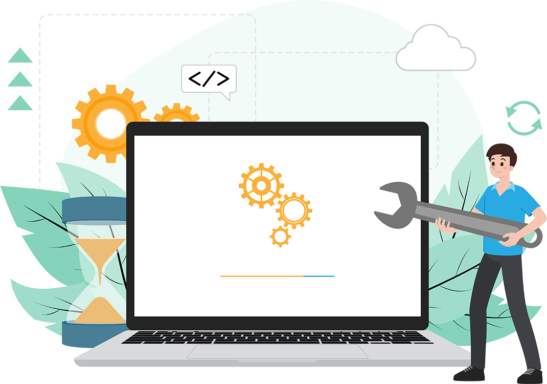IT administrator with software upgrade process on laptop. Digita